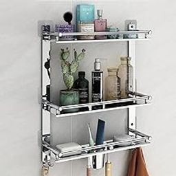 Pivalo 6 in 1 Stainless Steel Bathroom Shelf Multipurpose Home Accessories Organizer Set Corner Wall Mount 3 Layer Rack with Mirror Finish Holder for Towel Soap & Toothbrush (1 Pc)-12