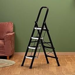 BonKaso Premium Alloy Steel Folding 4 Step Ladder for Home, Wide Anti-Skid Steps (Matte Black & White)-image-33