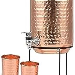Nayab Collection Copper Hammered Design Joint Free Water Pot Dispenser Container Matka Tank with Stand Tap Knob for Storage Serving Water Health Benefits Volume 5 litres-picture-9