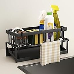 Urban Elite Metal Sponge Holder for Kitchen Sink – Auto-Draining Sink Organizer Caddy with Soap Tray, Dish Brush & Towel-Bar Holder, Kitchen Storage Rack (Black)-image-32