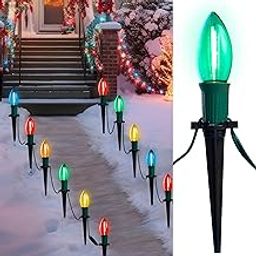 Joiedomi 30.75FT C9 Christmas Pathway Stake Lights, 24 LED Jumbo Bulbs Outdoor Walkway Green Wire Connectable Multicolor Decor for Holiday Commercial Xmas Yard Garden Lawn-image-54