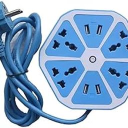 Generic Hexagon Power Strip with 4 USB Ports, Multi-Socket Extension Board, Blue and White-image-77