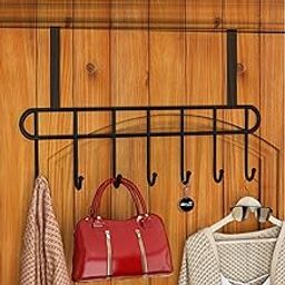 New Detachable Pack of 1 Stainless Steel Over-The-Door Hanger with 7 Hooks for Home and Office, No Drilling Required, Black-0