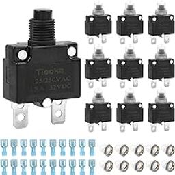 Tiooka - 15 Amp Thermal Circuit Breaker Assortment Kit, 125/250V Manual Reset Button, AC 32V DC Quick Connect Terminals, Waterproof Button Caps for Overload Protection Applications, 10 Pack-0