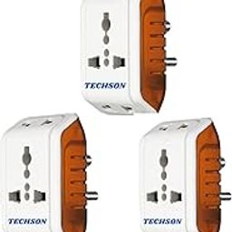 TECHSON: 6A 3 Pin Multi Plug Socket Travel Adapter with Universal Socket, 3 Pin Multi Plug Extension Socket -Pack of-3 (White & Red).-0