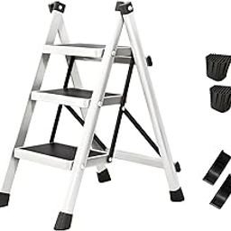 UJEAVETTE Step Ladder Stepladder Thickened Sturdy Carbon Steel Foldable Kitchen Ladder White-image-9