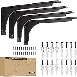 BATODA 14” Shelf Brackets with Beam (4pcs) - L Shelf Brackets Black - Hook Brackets for Floating Shelves - Wall Mounted Support for DIY Open Shelving – Mounting Hardware Included (Pack 4) (4, 14 Inch)-image-7