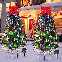 2 Pcs Solar Christmas Tree with Lights Outdoor Waterproof 31.5 Inch Solar Powered Xmas Tree Lights with 45 Leds and 8 Modes Bow Balls Bells Candy Bars Decor for Yard Garden Pathway Lawn Patio-image-64