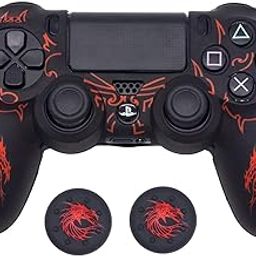 TMG Ps4 Dragon Theme Silicone Protective Skin Case Cover for PS4 Controller with 2 Dragon Carving Thumb Grip Caps (Red)-image-39