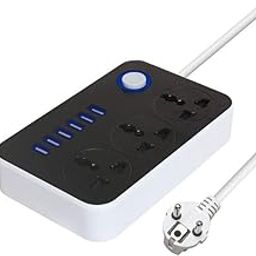HKD Sales Spike Guard with USB 3 Plug Adapter Power Strip 2mtr Cable Universal 3 AC Sockets + 6-USB Ports 3.4A Extension Boards Desktop Charging Station with 6 ft Extension Cord Surge Protection-3