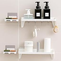 HOUSE OF VIPA Bathroom Shelf for Wall, Self-Adhesive Bathroom Organiser Without Drill, Ideal Bathroom Accessories for Efficient Space Utilisation (2 Bathroom Shelves+ 2 Shop Dish (White)-image-5