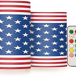 Set of 2 Independence America Stars and Stripes Flameless Candles Remote Timers USA Flag 4th of July Pillar Candles for Bedroom Bathroom Outdoor Party Garden Ambient Lighting Decoration-image-59