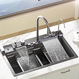 B Backline Kitchen Sink 304 SS Multifunction Modular Sink With Waterfall Pull Down Faucet With Led Digital Display Single Bowl Sink With All Acceories (Nano Black) (5 Button Sink, 30 X 18 X 9 Inches)-image-35