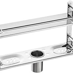 Filox Stainless Steel Double Layer Wall Rack with Towel Rod | Multipurpose Bathroom Organizer Shelf | Kitchen Storage Shelf for Utensils, Toiletries, Bottles, Jars | Space Saver Rack-image-27