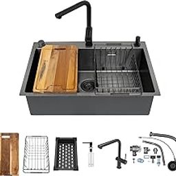 Carysil All-in-one Workstation Sink, 304 Stainless Steel Kitchen Sink with Pull-out Faucet, Soap Dispenser, Chopping Board, Flexible Basket, Colander, 30x20x8 inches, Gun Metal-16