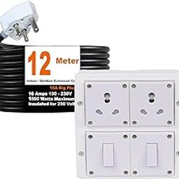 Cordnet Electric Power Strip, 16A 1500W 2 Power Sockets and Switches Extension Board, Surge Protected, 12 Meter Cord for Home, Office Appliances, Cooler, Fridge, Air Conditioner, PC (White) 220 Volts-image-42