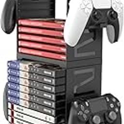 HONCAM Video Game Storage Tower for PS5 PS4 Xbox Nintendo Switch, Universal Games Discs Organizer 24 PCS With 4 Controllers Holder, Disk Box Stand Rack Accessories-0