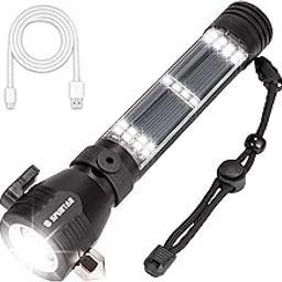 Spurtar Solar Powered Flashlight, Emergency Light Usb Rechargeable Solar Powered 2000Mah Super Bright 500 Lumen Tactical Power Bank 7 Modes With Seat Belt Cutter And Glass Breaker., 500 Lumen-7