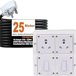 Cordnet Electric Power Strip, 16A 4500W 2 Power Sockets and Switches Extension Board, Surge Protected, 25 Meter Cord for Home, Office Appliances, Cooler, Fridge, Air Conditioner, PC (White) 220 Volts-image-34