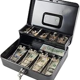 VATTU Metal Cash Box with Key Lock, 2 Level Money Tray, 30 x 24 x 9 cm, Black-image-88