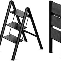 KEYOZA Step Ladder 3 Step Folding, Small Step Stool for Adults, Closet Step Stool Lightweight Kitchen Ladder 3 Step Ladder with Anti-Slip Wide Pedals, Black-picture-1
