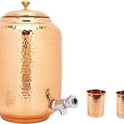 Pure Copper Water Dispenser Container Pot Matka with 2 Glass Tumblers, 6.5 litres (Brown)- Set of 3 Pieces-image-3