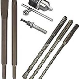 Inditrust Alloy Steel SDS-Plus Flat Chisel & Point Bit Set for Rotary Hammer Drills, 6/8/10mm X 160mm Masonry Twin Spiral With 1/2" 3-Jaw Key Chuck and Adapter, 1.5-13mm Capacity-20