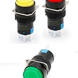 KAMCON? 16mm Push Button Switch Momentary Round Cap LED Lamp Red, Yellow,Blue,Green Light DC 24V SPDT 5 Pin (1 Set of RGY)-12