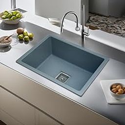 REMANENCE Granite Quartz Single Bowl Ceramic Kitchen Sink With Drain Board, Drain Rack And Pvc Waste Pipe-Flushmount/Undermount/Top Mounted Kitchen Sink (Grey, 24 X 18 X 9 Inch)-image-62