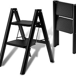 RIMEET 2 Step Ladder, Step Stool Foldable with Wide Pedals, Portable Stepping Stool for Adults, Sturdy Steel Ladders for Home with Anti-Slip Feet, Hold 330 lbs - (Black)-image-52
