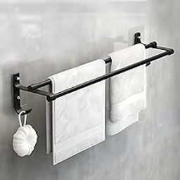 MorivaHomes Self-Adhesive Wall Mounted Aluminium Double Rod Towel Bar with Hook Bathroom Towel Holder/Bathroom Accessories (50CM)(Black, Pack of 2)-image-89