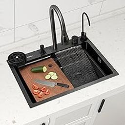 Plantex Modern Sink for Kitchen/Heavy Duty Stainless Steel Waterfall Kitchen Sink with Anti Scratch Honeycomb Design/Luxurious Sink with Pull Down Faucet (24x18 Inch, Nano Black)-picture-21