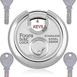 Foora Stainless Steel, Hardened Shackle, Glossy Rust Resistance Disc 90mm Door Polished Steel Lock with with 4 Hi-Tech Brass Separate Keys (Silver) Home Improvement Iterm, Shutter Lock-23