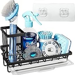 POPCUBE Sink Organiser for Kitchen- Sink Organizer with Brush & Sponge Holder Cup & Drain Tray- Countertop Soap Holder for Kitchen Sink with Adhesive Patch for Wall mounting. (Black, Small)-image-30