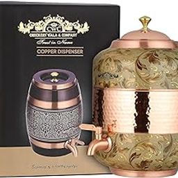 cWc CROCKERY WALA & COMPANY Copper Water Dispenser, Decorative Damask Pattern, Leak-Proof Tap, Heavy Weight (Gold, 14 litres)-0