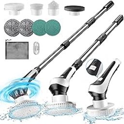 EMETE Electric Spin Scrubber,Cordless Shower Scrubber with Power Display Screen,IP68 Waterproof Bath Cleaning Brush,Adjustable Extension Handle & 2 Speeds,Electric Cleaning Brush for Bathroom,Kitchen-53