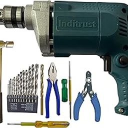 Inditrust 100% Copper Winding 6-Month Warranty 10mm Electric Drill machine with13pc HSS Plier Masonry bit 2in1 Screwdriver Wire Cutter Claw Hammer Electric Tester (Pack of 8) (BLUE)-0