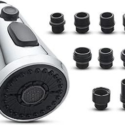 Pull Down Kitchen Faucet Head Replacement, 3-Function Kitchen Faucet Head Sink Spray Nozzle with 15 Adapters Compatible with Moen, American Standard, Delta, Kohler Faucets, Chrome-image-80