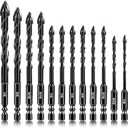 Serplex® 12pcs Masonry Drill Bit Set Tungsten Steel Drill Bit with 7 Sizes Drill Bits Cement Drill Bits for Glass, Tile, Brick, Cement, Concrete, Plastic, Wood, 1/8 to 1/2 inch Cross Drill Bit Tip-0