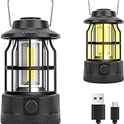 JAMISAY LED Camping Lantern, Vintage Metal Camping Lights with Stepless Dimming Rechargeable Portable Waterproof, 1200 mAh for Outdoor Tent Bulb,Hurricane, Emergency (6.8 in Height, Black)-21