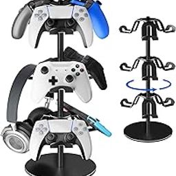 ZHGM Controller Holder Stand 3 Tiers, Rotatable Gaming Headset Stand Compatible with Xbox PS5 PS4 Nintendo Switch, Aluminum Headphone Organizer Rack, Desk Mount for 9 Packs Controller (Black)-23