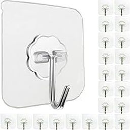 Stainless Steel Adhesive Hooks Bathroom Kitchen Wall Hooks, No Nail Sticky Hangers with Reusable Utility Towel Bath Ceiling 24 Pack 22Lbs Heavy Duty Waterproof and Oilproof Transperent-15
