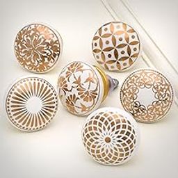 Indian-Shelf 6 Pack Round Floral Ceramic Decorative Gold Drawer Knobs for Kitchen Cabinet Hardware, Vintage Door Dresser Pulls-Style3-image-16