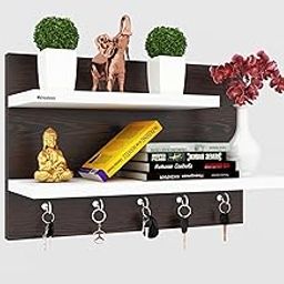 Wall Mounted Home Decor Key Holder Wall Shelf Display Rack | Stylish Key Hanger with 5 Hooks for Home, Office & Living Room - White-1