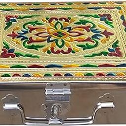 GvanyS® Stainless Steel Storage Boxes,Cash, Pooja Peti,Organizer, Vanity Box, Safe Locker,Cash Box With Handicrafts Digital Meenakari Laser Print Design -9 inch (''W-9", H-2.90", L-6")-1