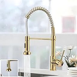 INART Designer Brass Single Handle High Arc Spring Pull Out Kitchen Sink Faucet/Hot & Cold Water Mixer Tap with Pull Down Sprayer Multitask Mode- Gold Color-picture-4