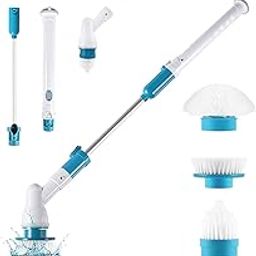 Electric Rechargeable Spin Scrubber Machine Floor Cleaning Bathroom, Tiles Cleaner Tool with 3 Replaceable Brushes and Long Extension Handle, Reach (Large Size, White and Blue)-image-32