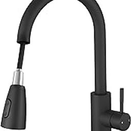 Kruvad Deck Mount Pull Out Crane Kitchen Sink Faucet Mixer Tap Hot & Cold Water with Pull Down Sprayer Matte Black Commercial Kitchen Two Outlet Modes Single Hole Spray Splash [46x25x6.5 CM]-14