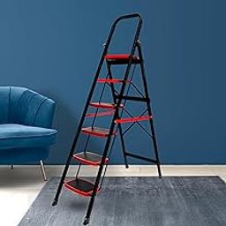 Zolmix®Premium Ladder for Home | 6 Step Stairs for Home Use| Foldable Step Ladder, Firm Grip, Wide Anti Skid Steps | Steel Sidi Non-Slip Handgrip| Durable (Red - Black)-image-64