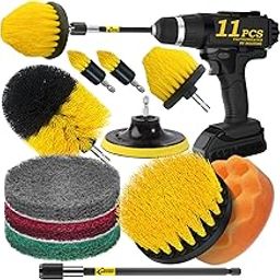 Holikme 8 Piece Drill Brush Attachment Set Scouring Pads Power Scrubber Brush Scrub Pads Cleaning Kit-All Purpose Cleaner For Bathroom Surfaces, Grout, Floor, Tub,Tile, Corners( Yellow) pack of 1-11